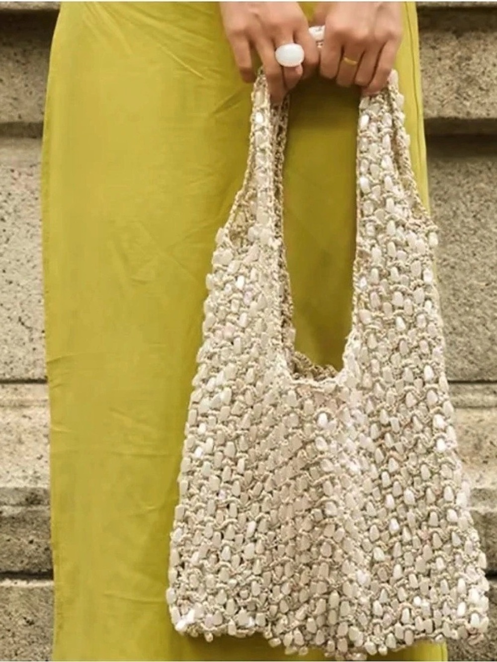 NEW ZARA MACRAME KNIT BEADED PEARL TOTE PINTEREST TIKTOK POPULAR BLOGGER BAG